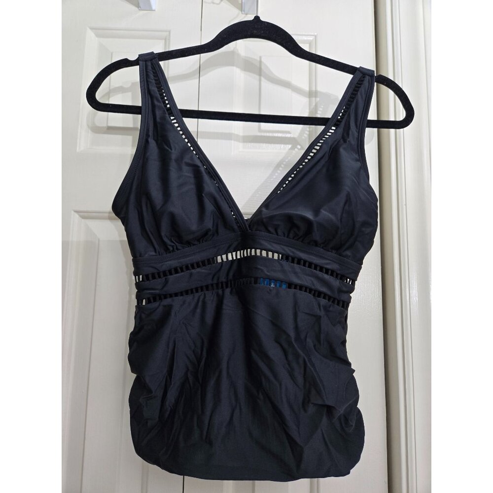 Womens Black Cupshe Swimsuit Tankini Top With Plunge Neck & Adjustable Straps Si